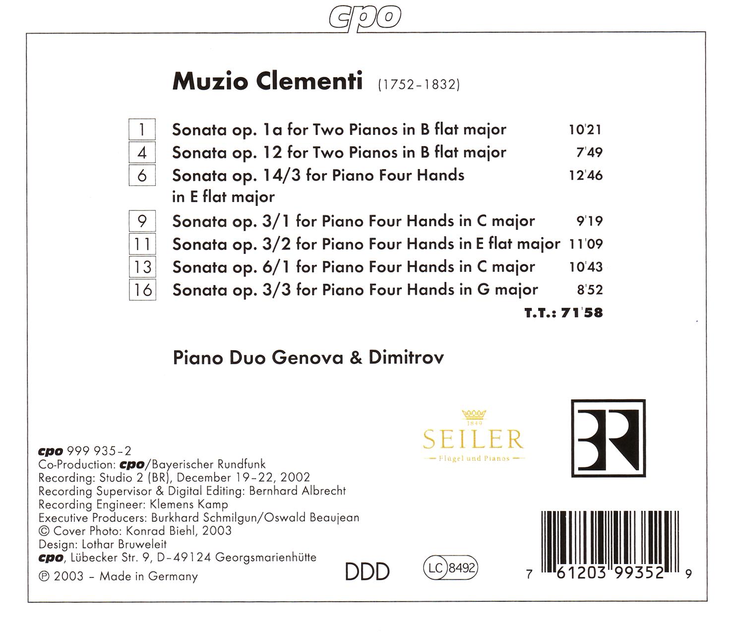 Muzio Clementi • Piano Sonatas for Two (cpo 999 935-2) |Back Inlay