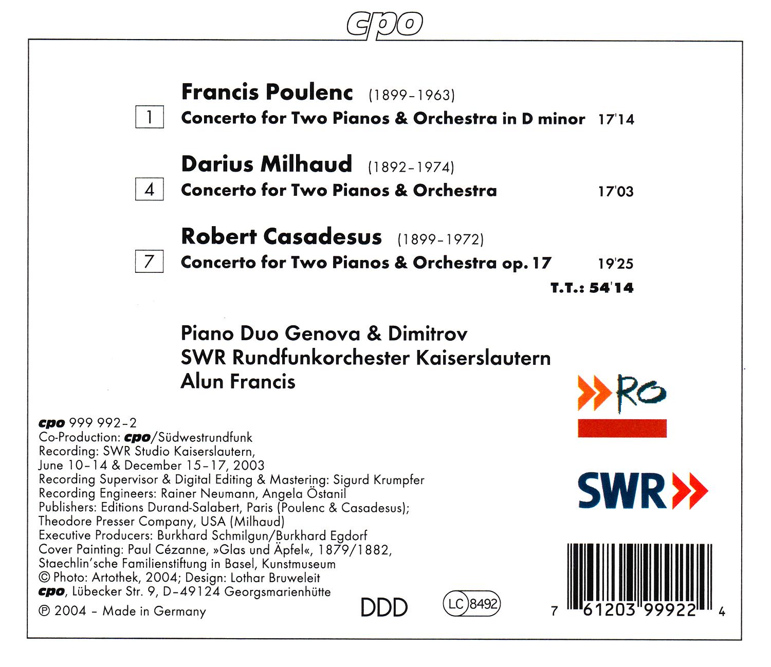 Französische Konzerte für zwei Klaviere • Milhaud, Poulenc, Casadesus (cpo 999 992-2) | Back Inlay